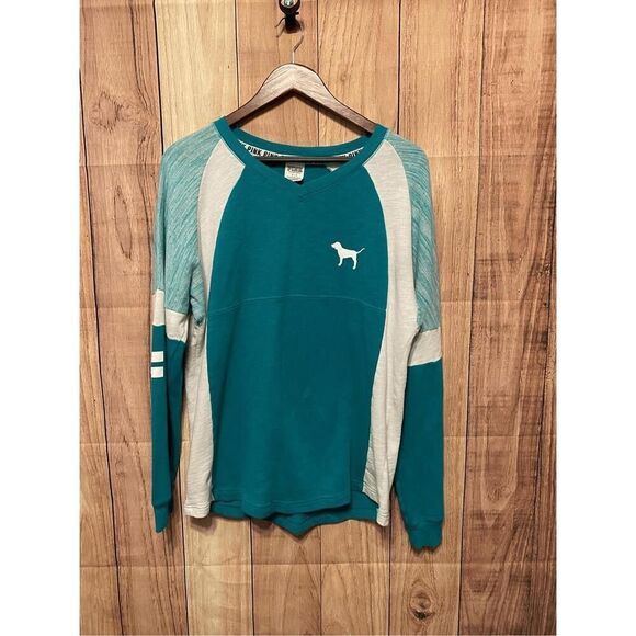 Victorias Secret Small 86 PINK teal crew sweatshirt varsity womens long sleeve - Picture 2 of 7